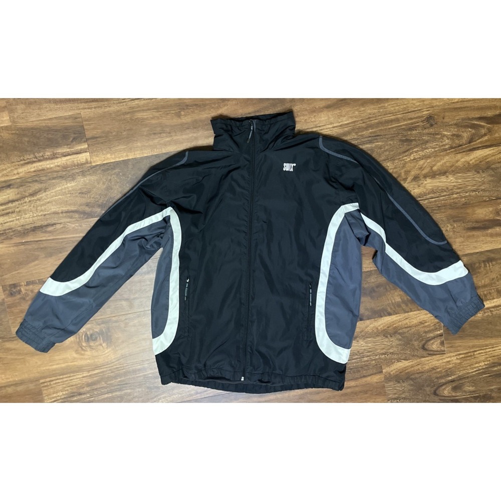 Vintage SWIX TechWear Windbreaker Jacket Mens L Black White Track Ski 12833